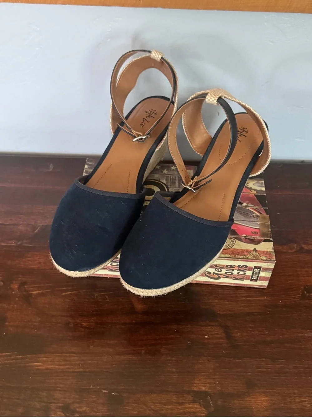 EUC Style & Co. Navy Espadrille Wedge Sandals with Tan Ankle Strap